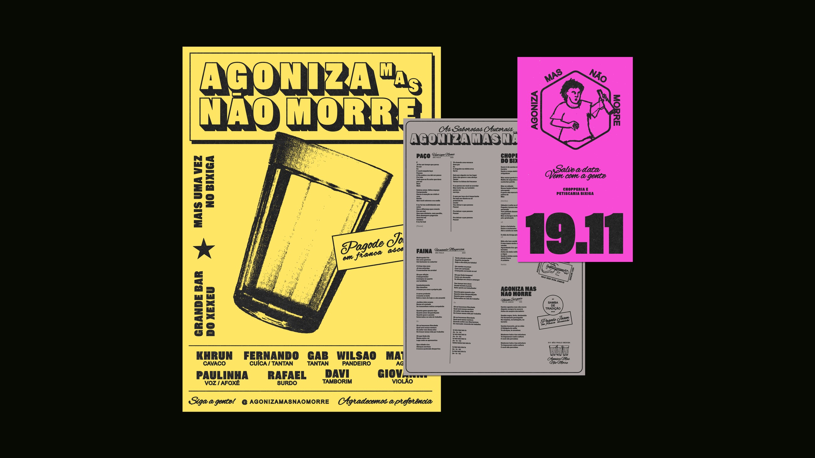 Yellow event poster with a lyric sheet and a pink save-the-date flyer for 19.11