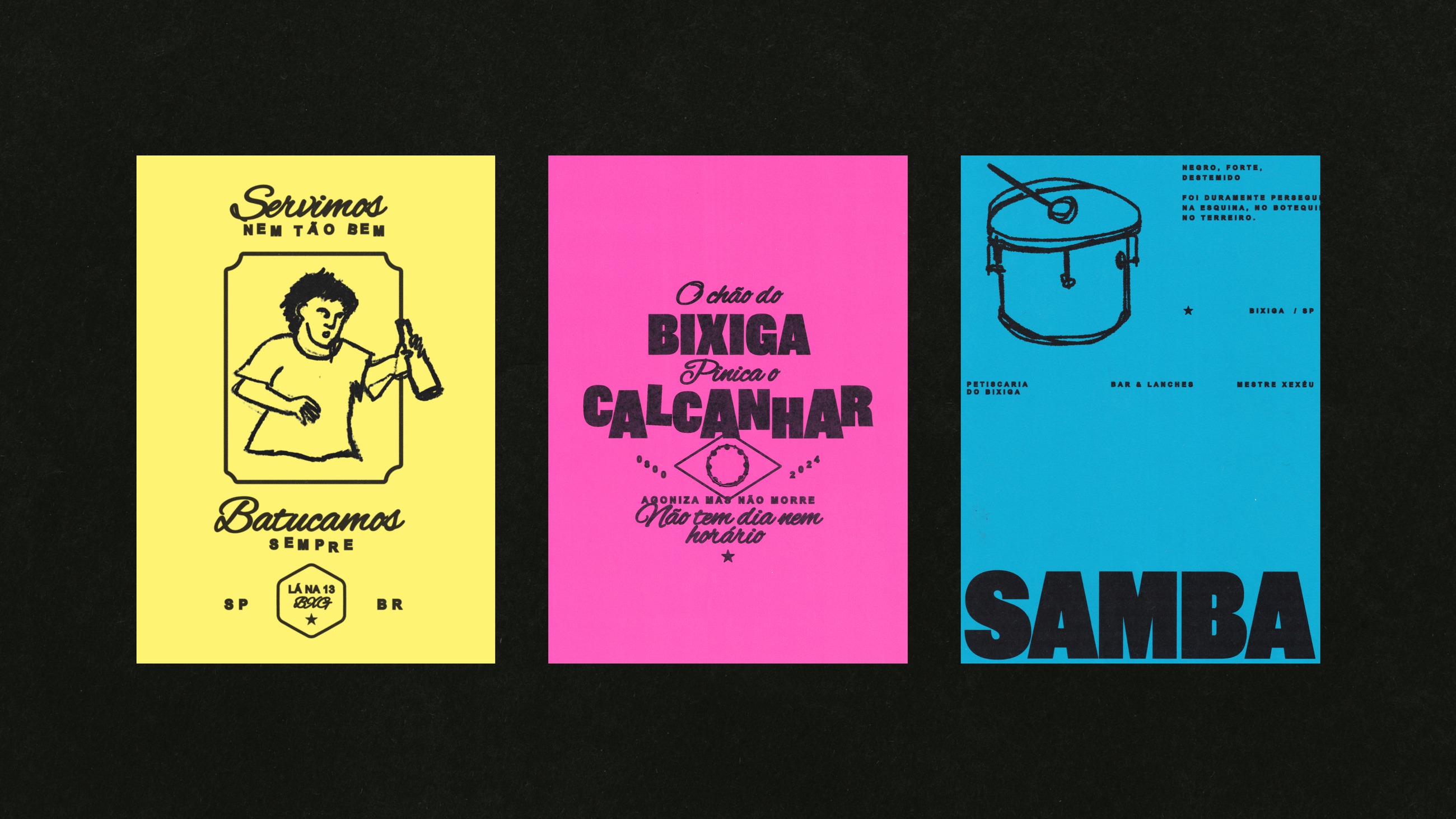 Three risograph posters in yellow, pink, and blue on black