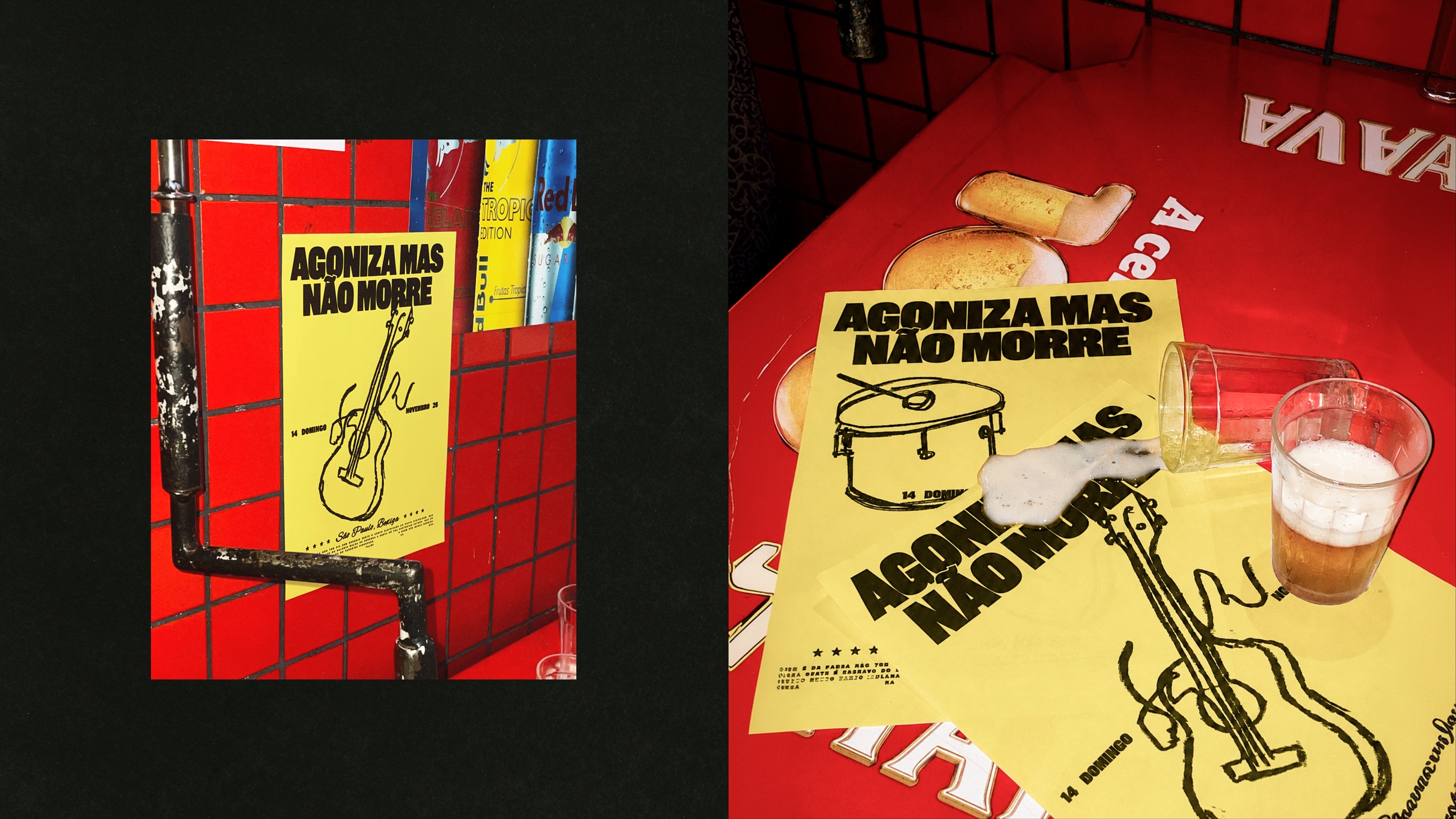 A poster on a red tiled wall, and posters scattered across a bar table with spilled beer