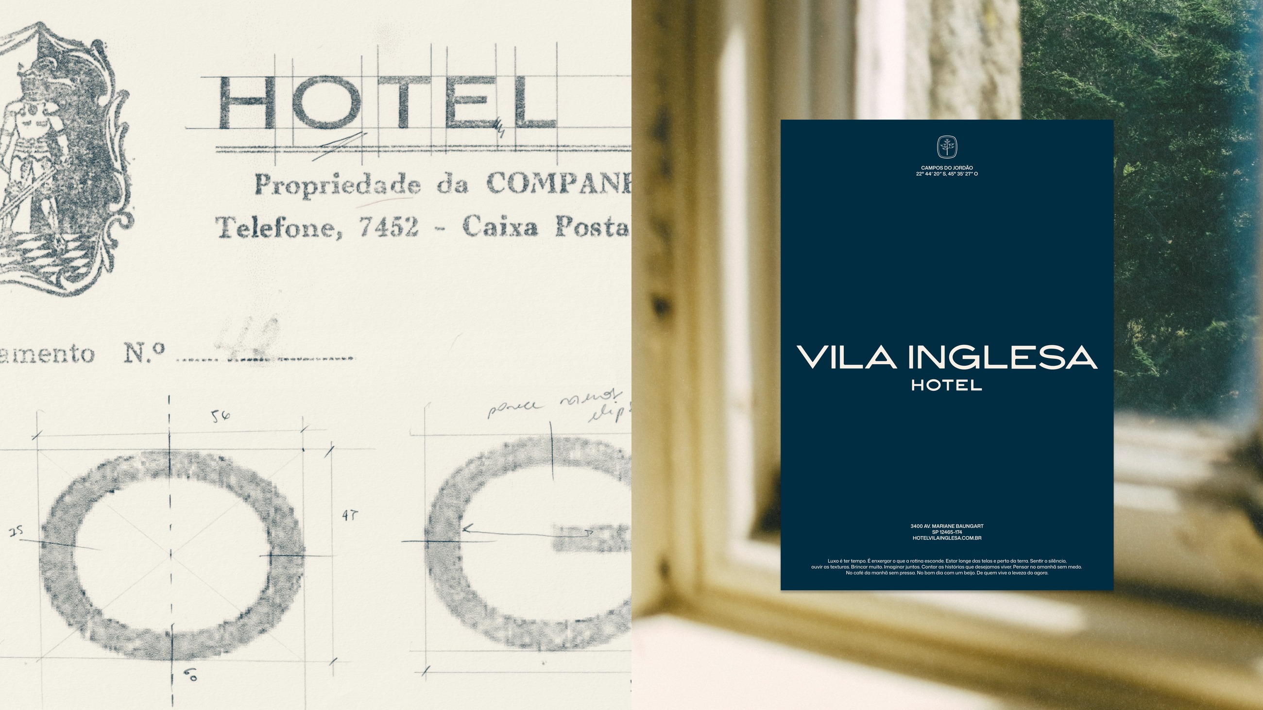 Pencil construction drawings for the new logotype, and the navy identity poster seen through a window