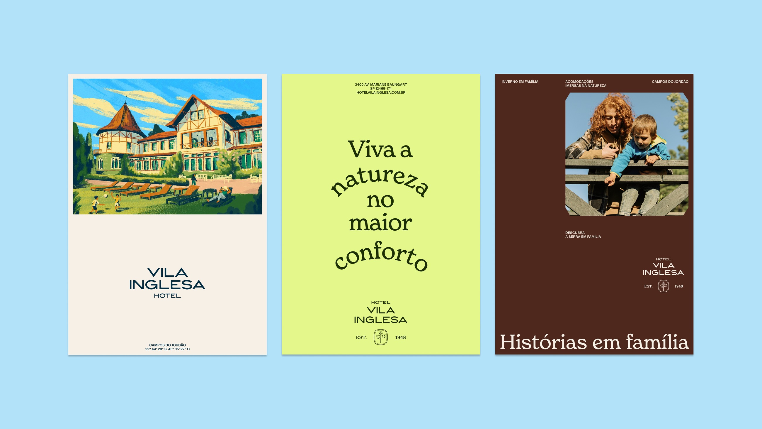 Three posters on pale blue — an illustrated view of the hotel, “Viva a natureza no maior conforto”, and “Histórias em família”