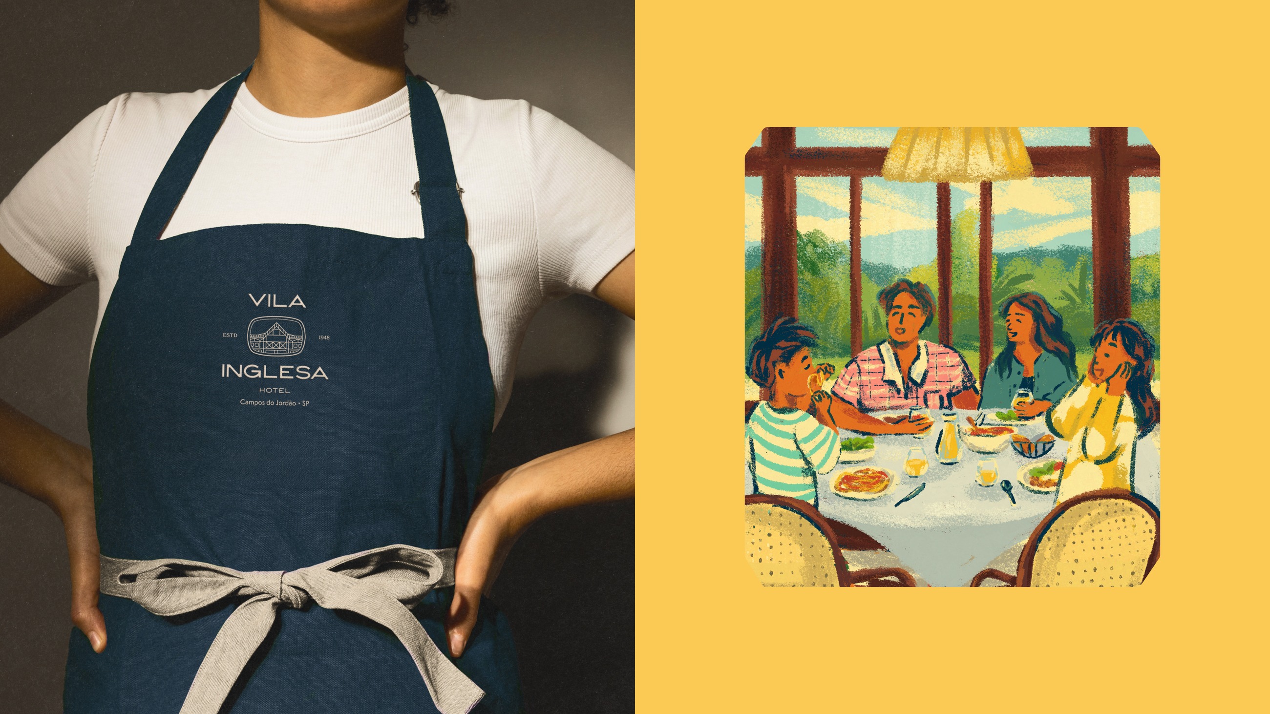 A navy apron carrying the hotel mark, and an illustration of a family at the breakfast table