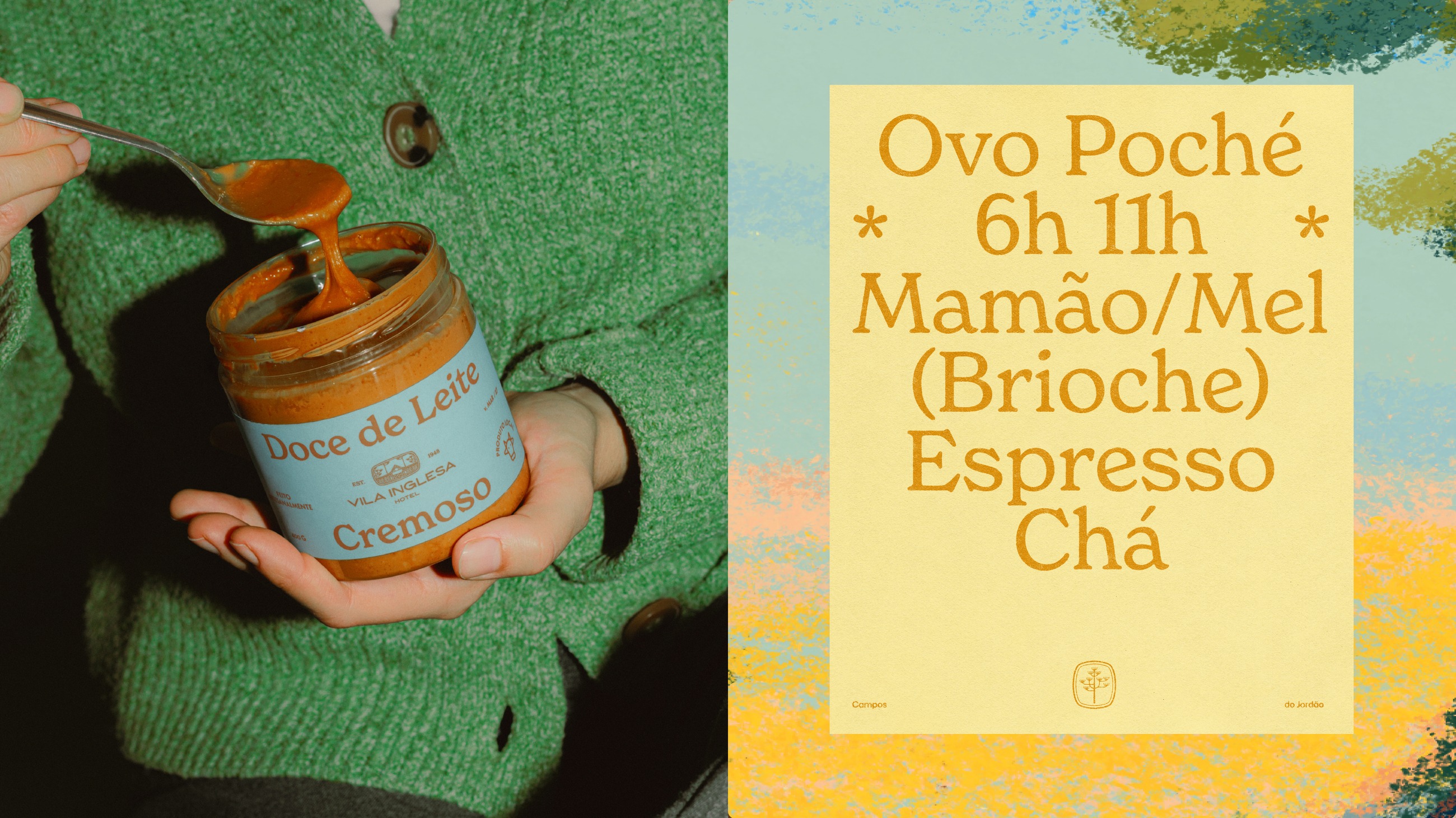 A branded doce de leite jar held in hand, and the breakfast menu poster in yellow