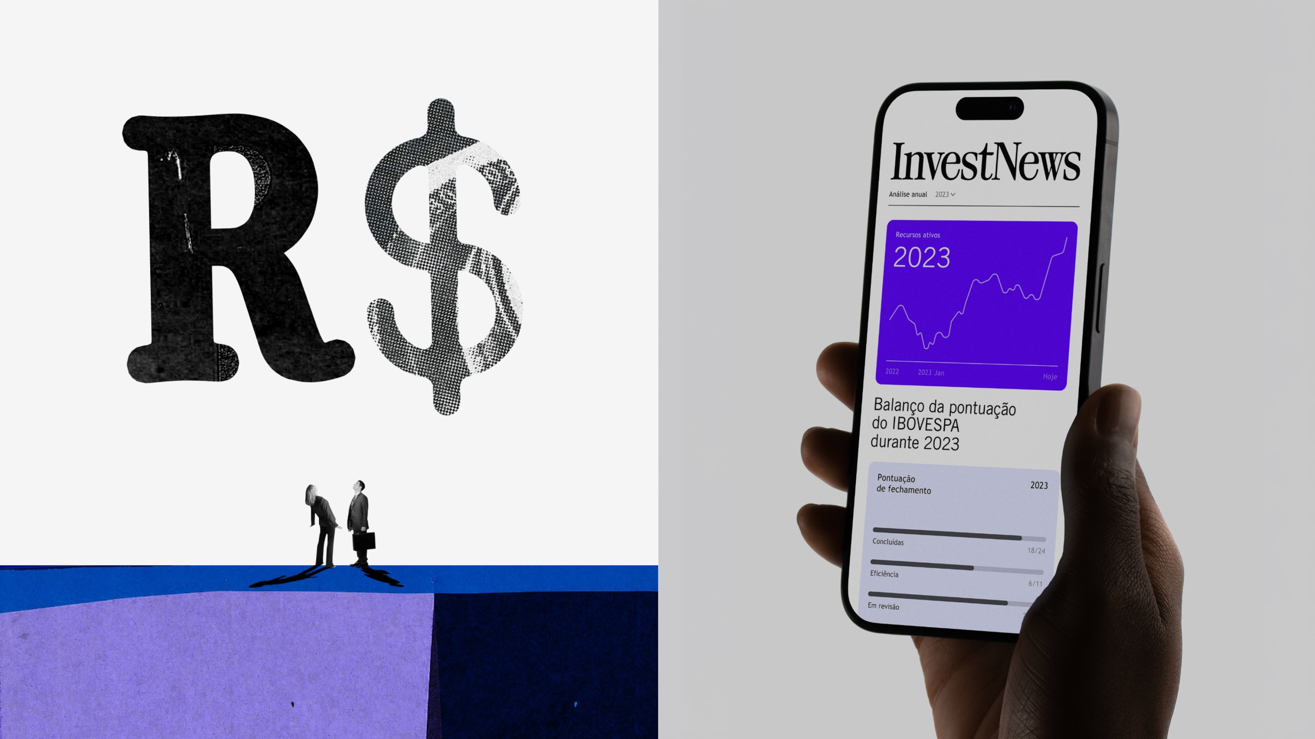 Collage of a halftone R$ symbol over cut-paper blocks, and a phone showing the 2023 Ibovespa balance screen