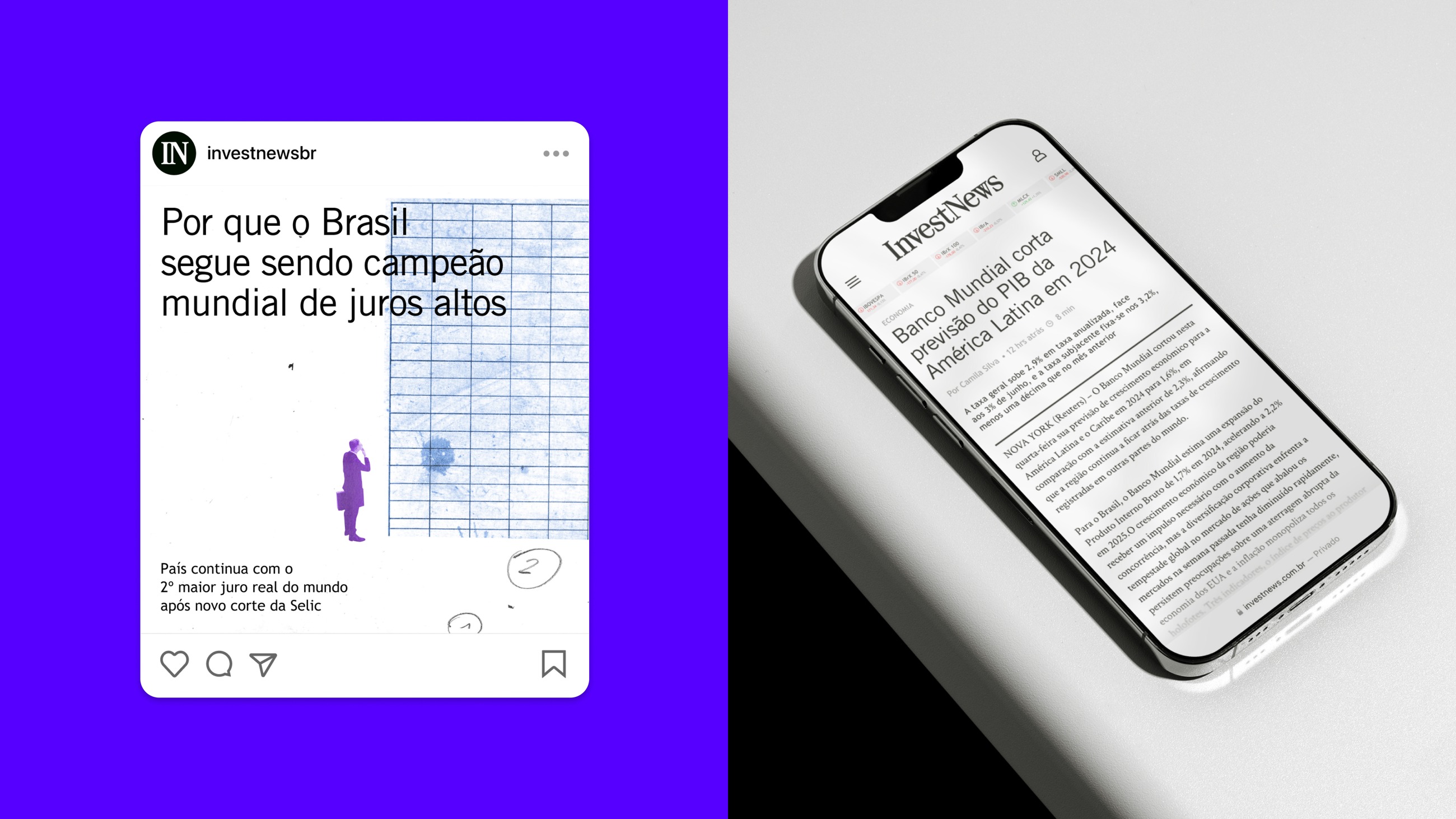 An InvestNews Instagram post on violet, and a phone showing an economics article
