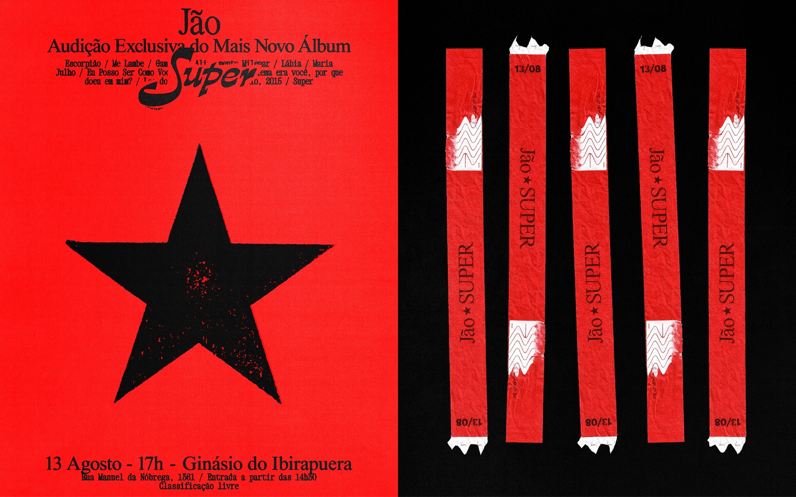 Red tour poster with a black star for the Ginásio do Ibirapuera show, beside five red wristbands