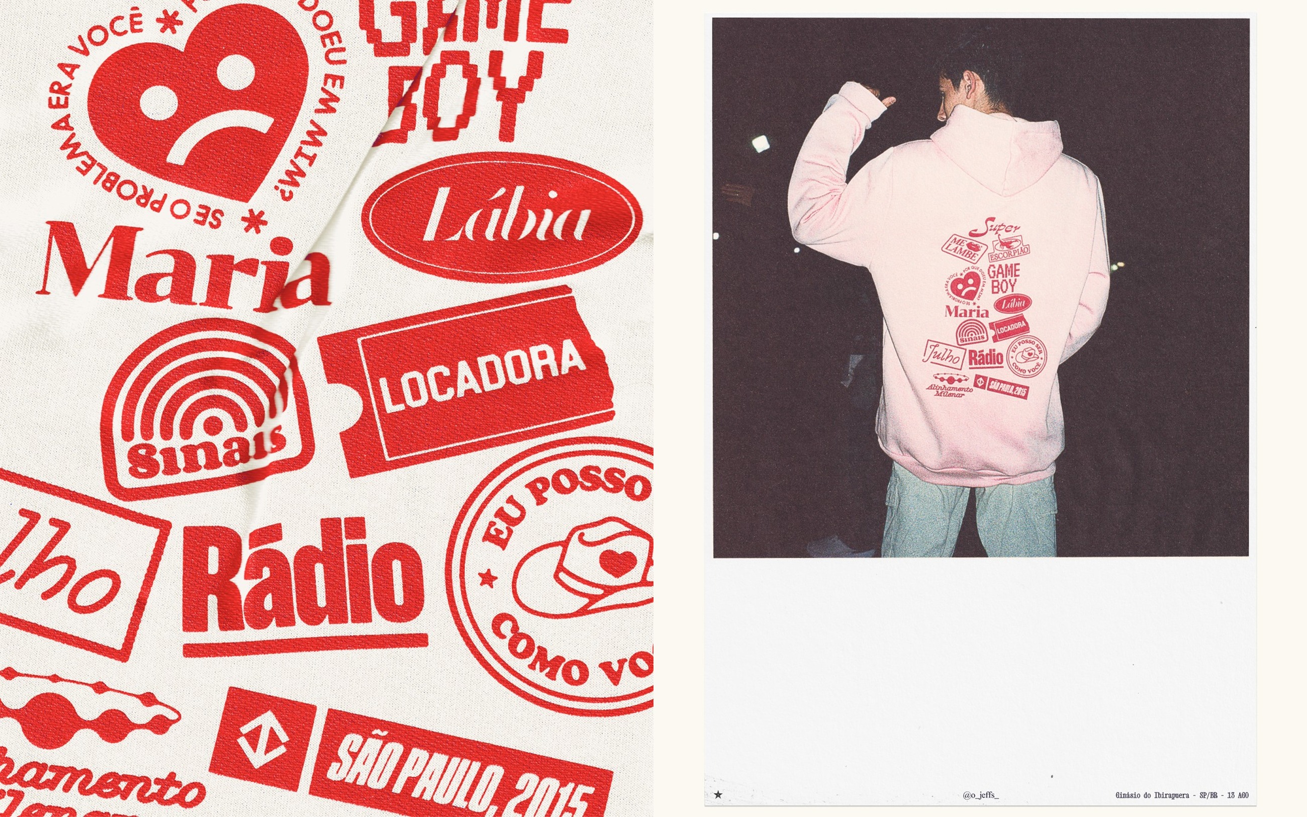 Red stamped patch artwork beside a photo of a fan wearing the tour's pink hoodie