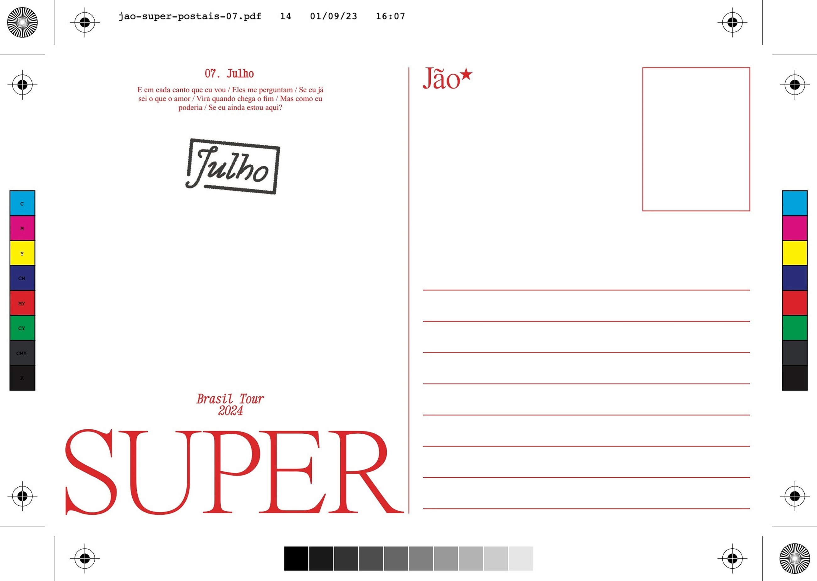 Print proof of a tour postcard for the song "Julho," with lyric excerpt and Jão star mark