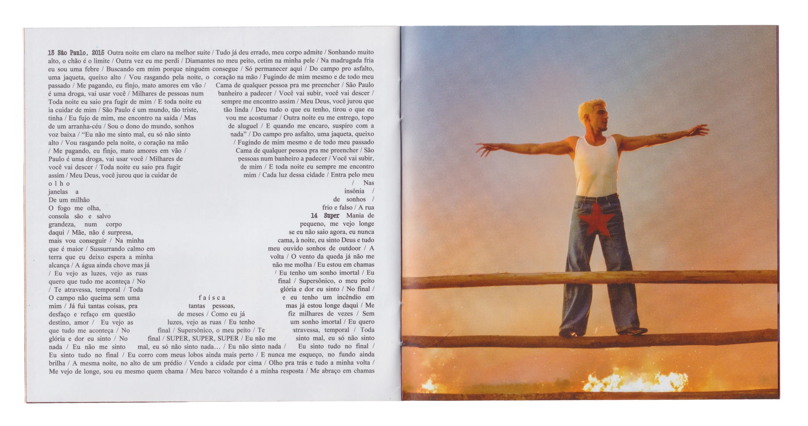CD booklet spread with printed lyrics beside a photo of the artist standing on a fence at sunset
