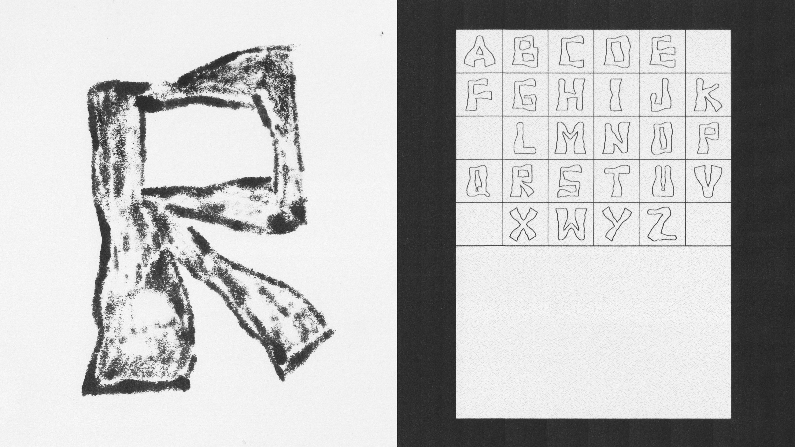 Letterpress print of the letter R beside a full alphabet grid reference sheet