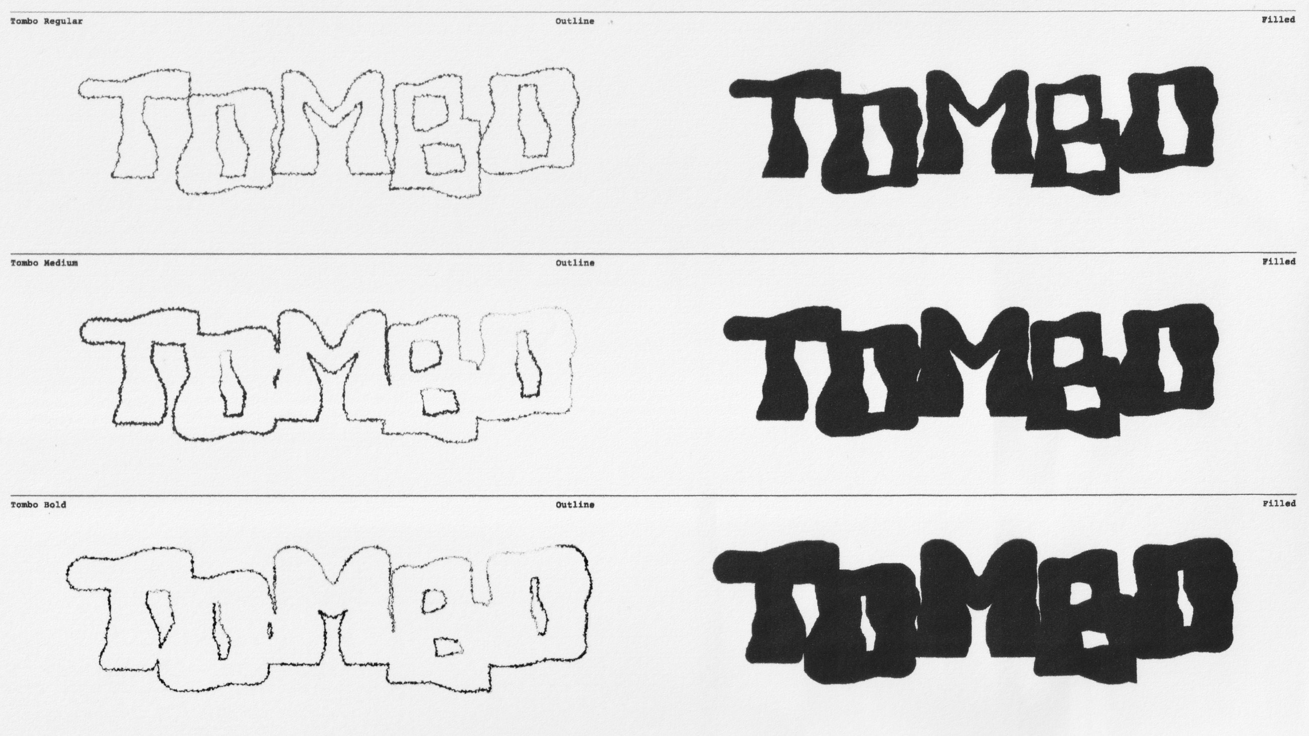 Tombo type specimen sheet showing three weights in outline and filled versions