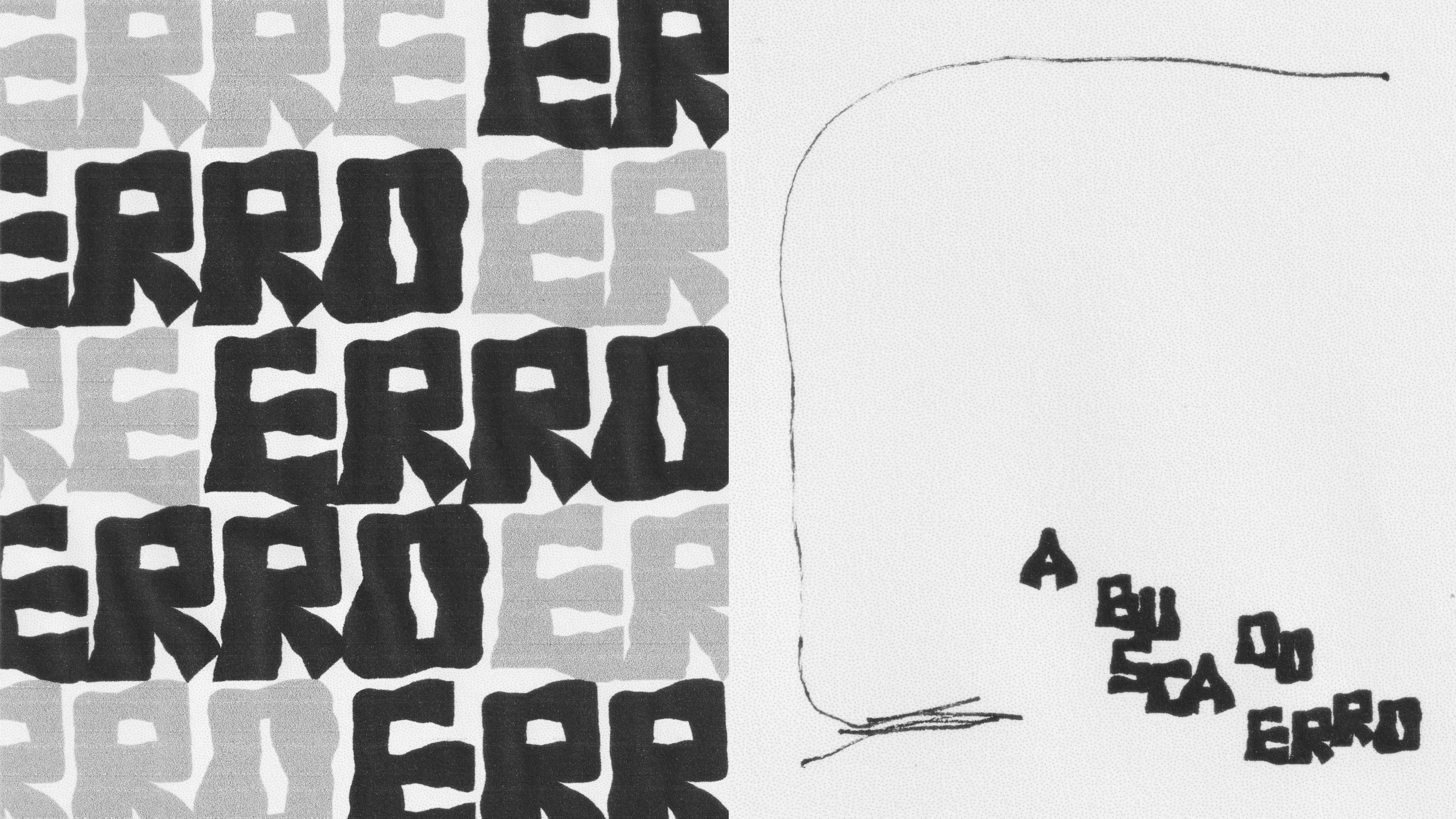 Repeated "erro" pattern beside a hand-drawn sketch reading "a busca do erro"