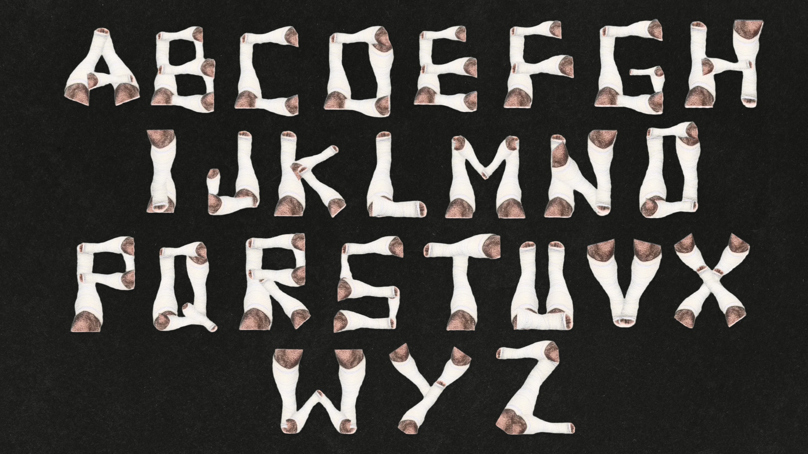 Full alphabet specimen rendered in a bandaged, cast-like texture