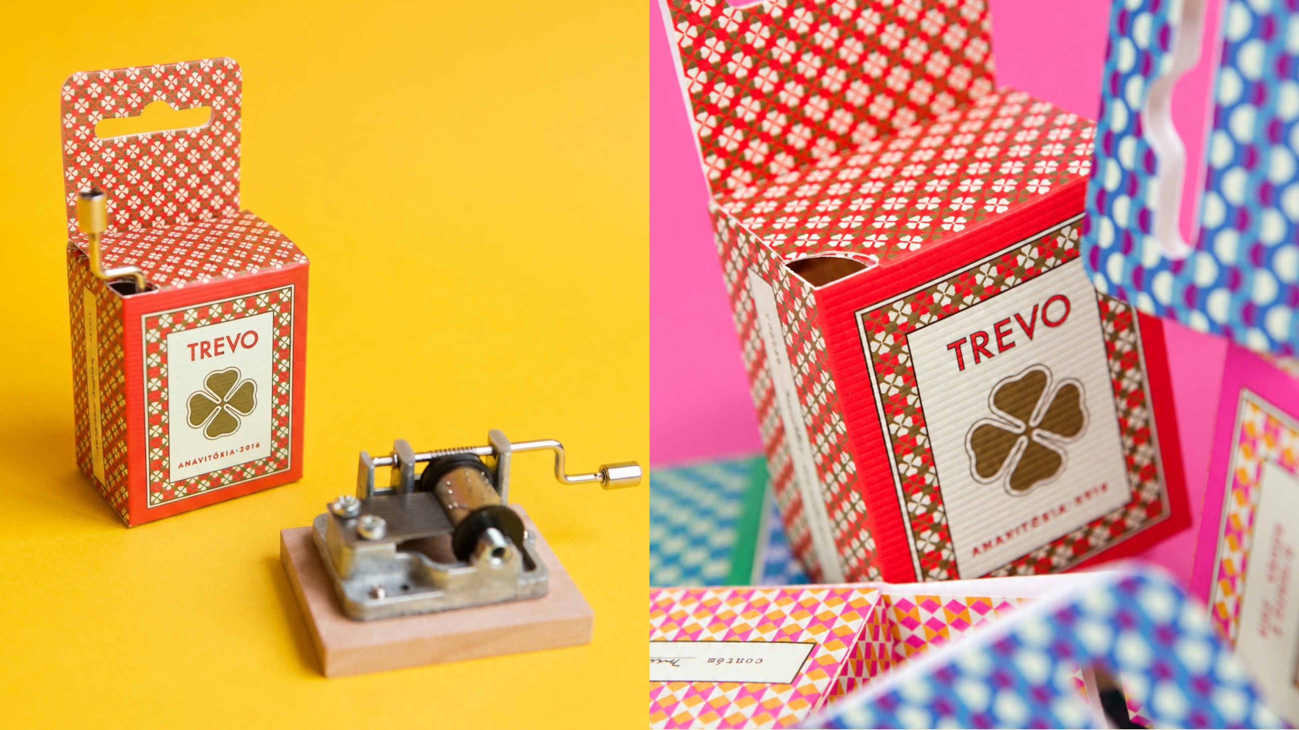 The Trevo box beside its exposed hand-crank music mechanism, and an open box in detail