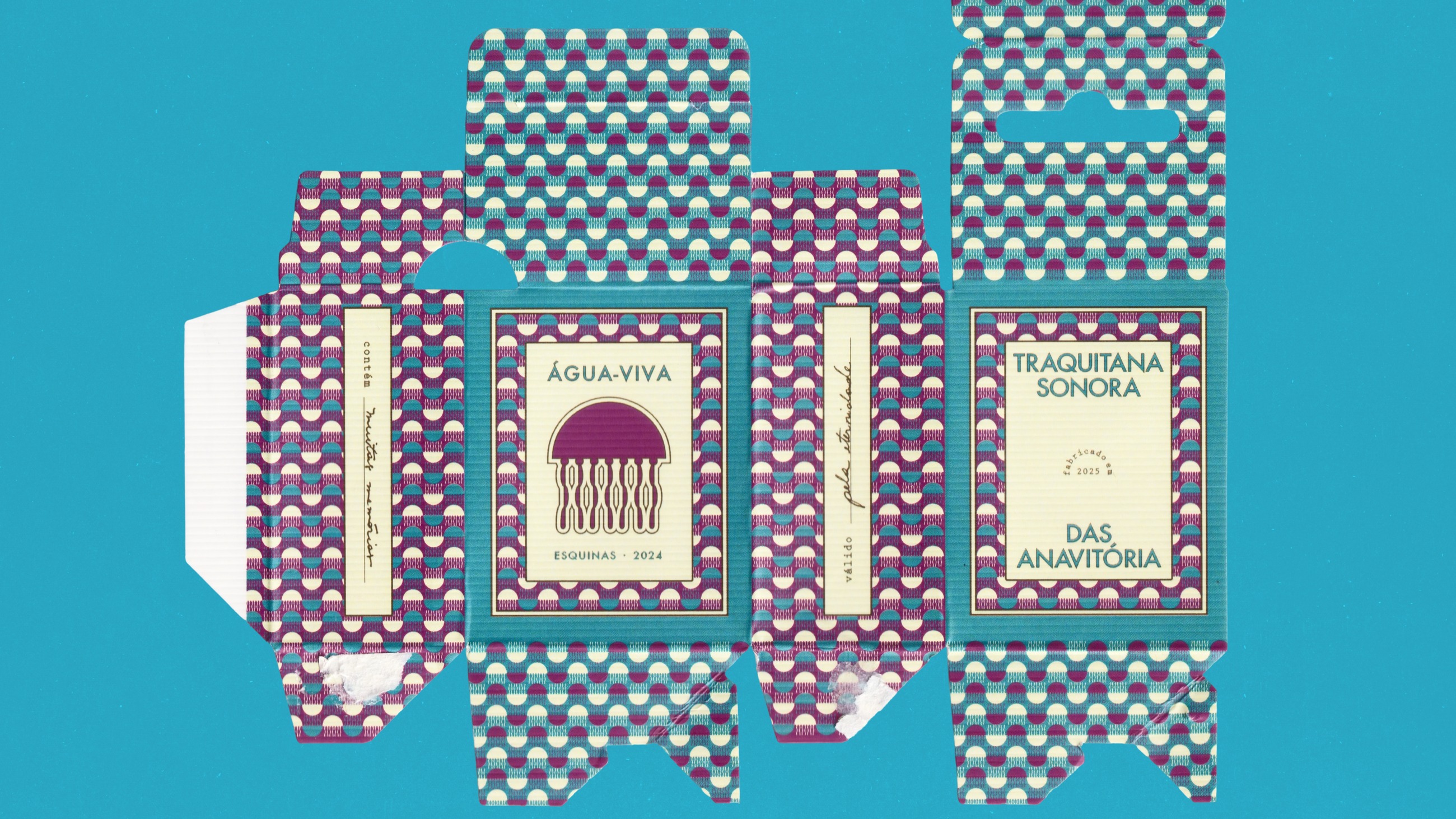 Flat dieline of the Água-Viva box, purple and teal wave pattern with a jellyfish symbol