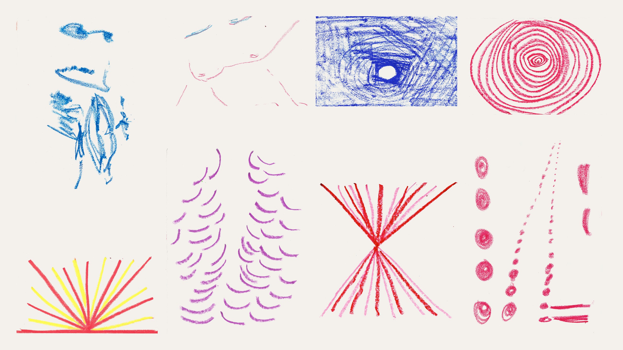 Grid of crayon mark studies in blue, pink, purple, red, and yellow