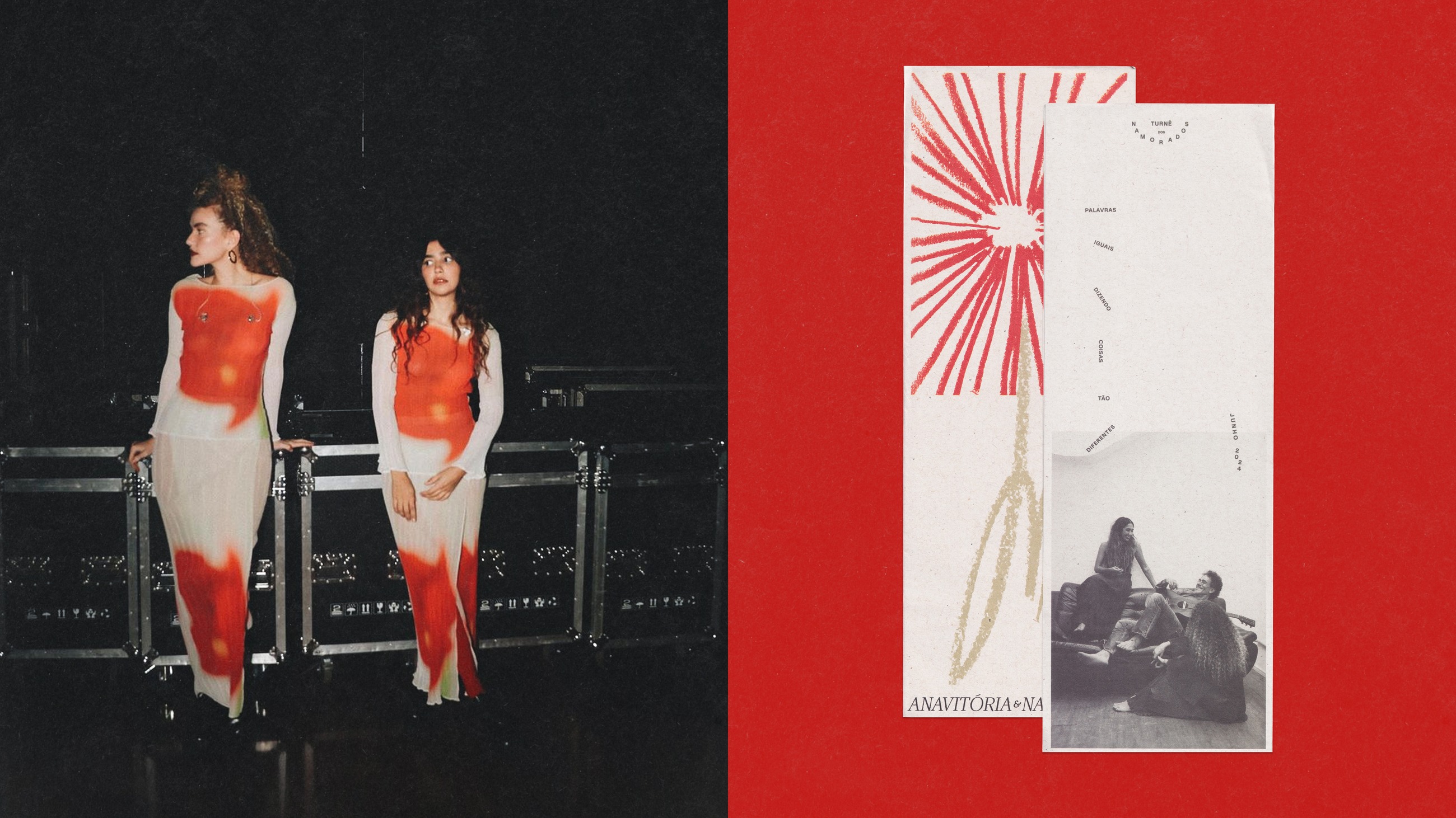 Two performers backstage in printed dresses, and printed tour inserts on red