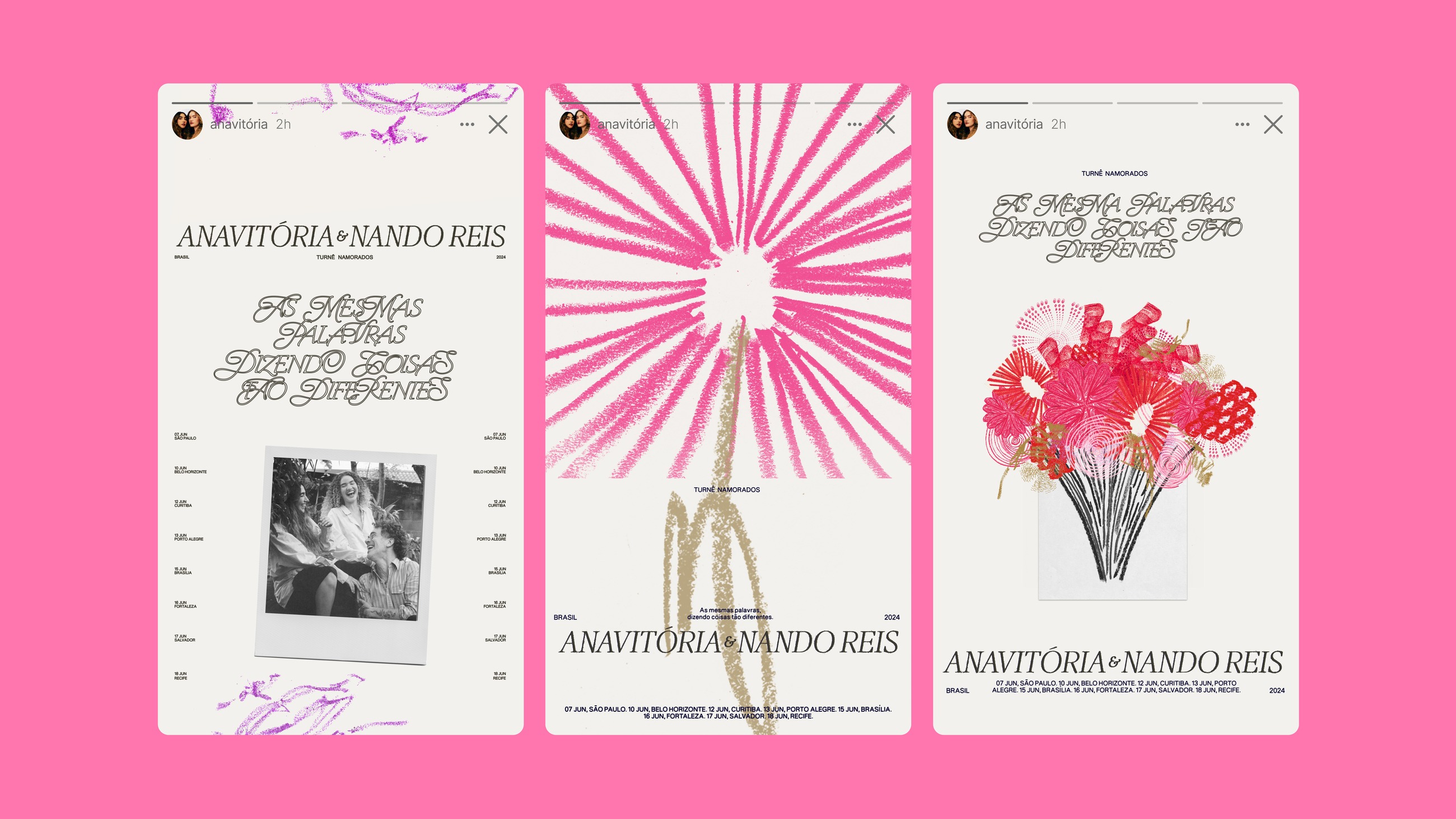 Three Instagram stories on pink carrying the tour dates and lettering