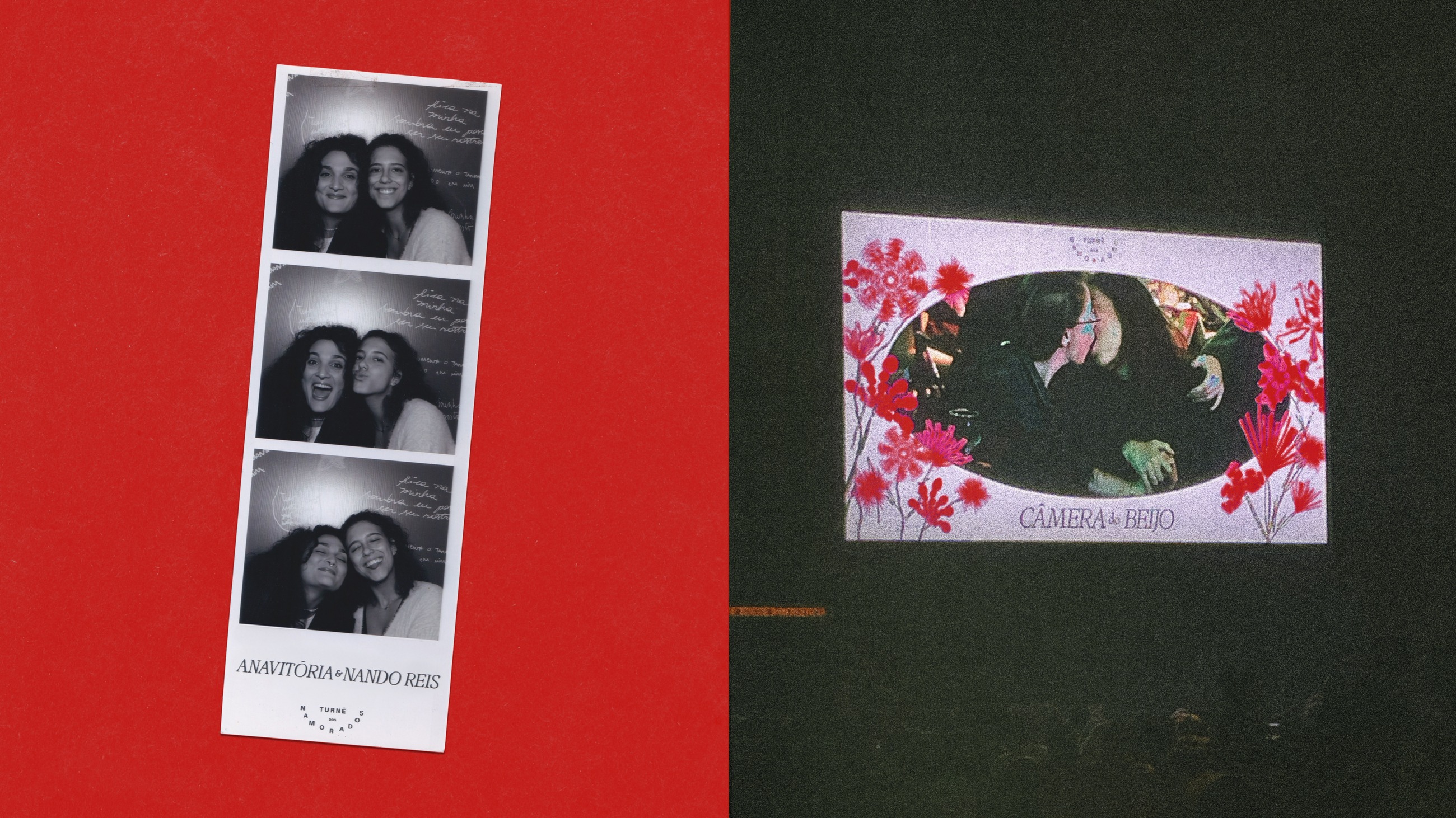 A photo booth strip on red, and the “Câmera do Beijo” screen graphic at the show