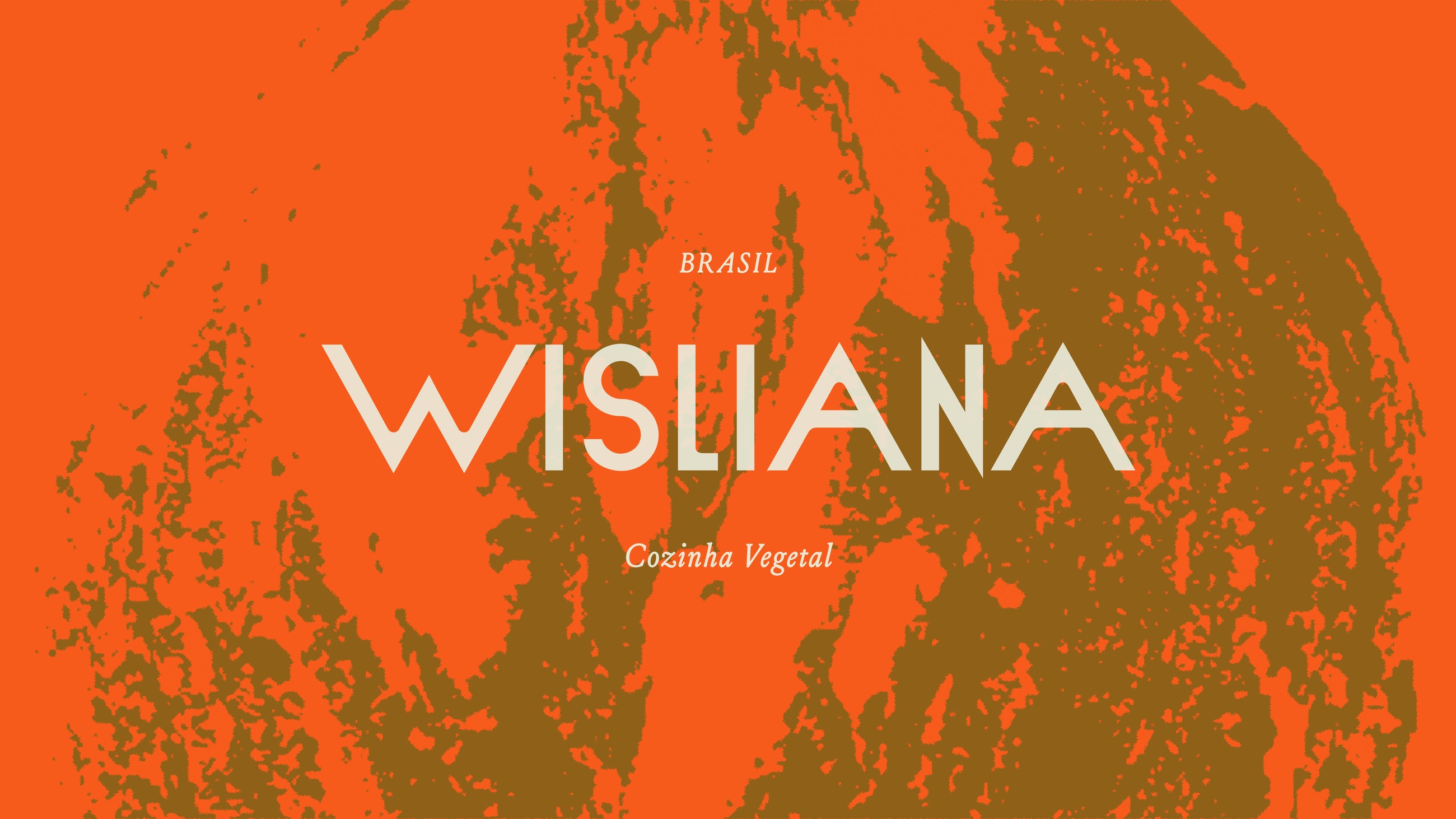 The Wisliana Cozinha Vegetal logotype in cream over a stamped vegetable texture in orange and olive