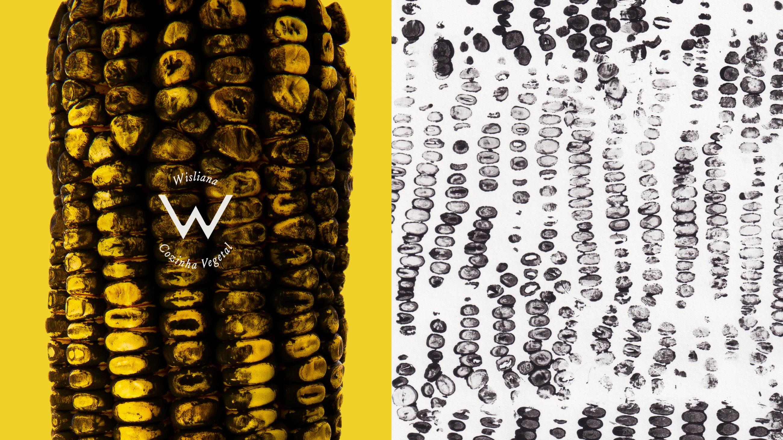 A corn cob carrying the W mark on yellow, beside the black stamped print taken from it