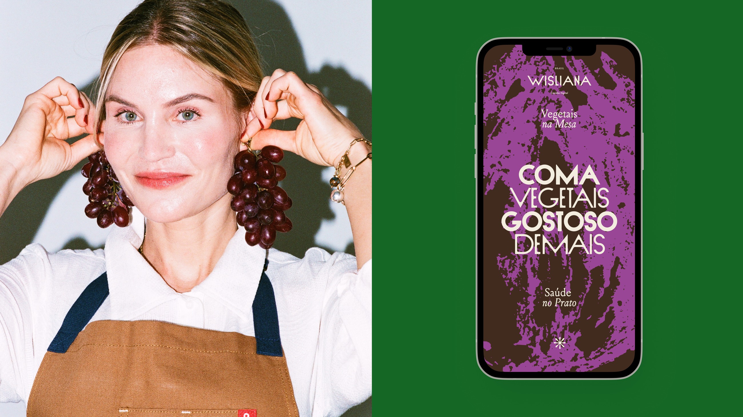 Portrait of the chef holding bunches of grapes as earrings, and a phone showing a purple brand story