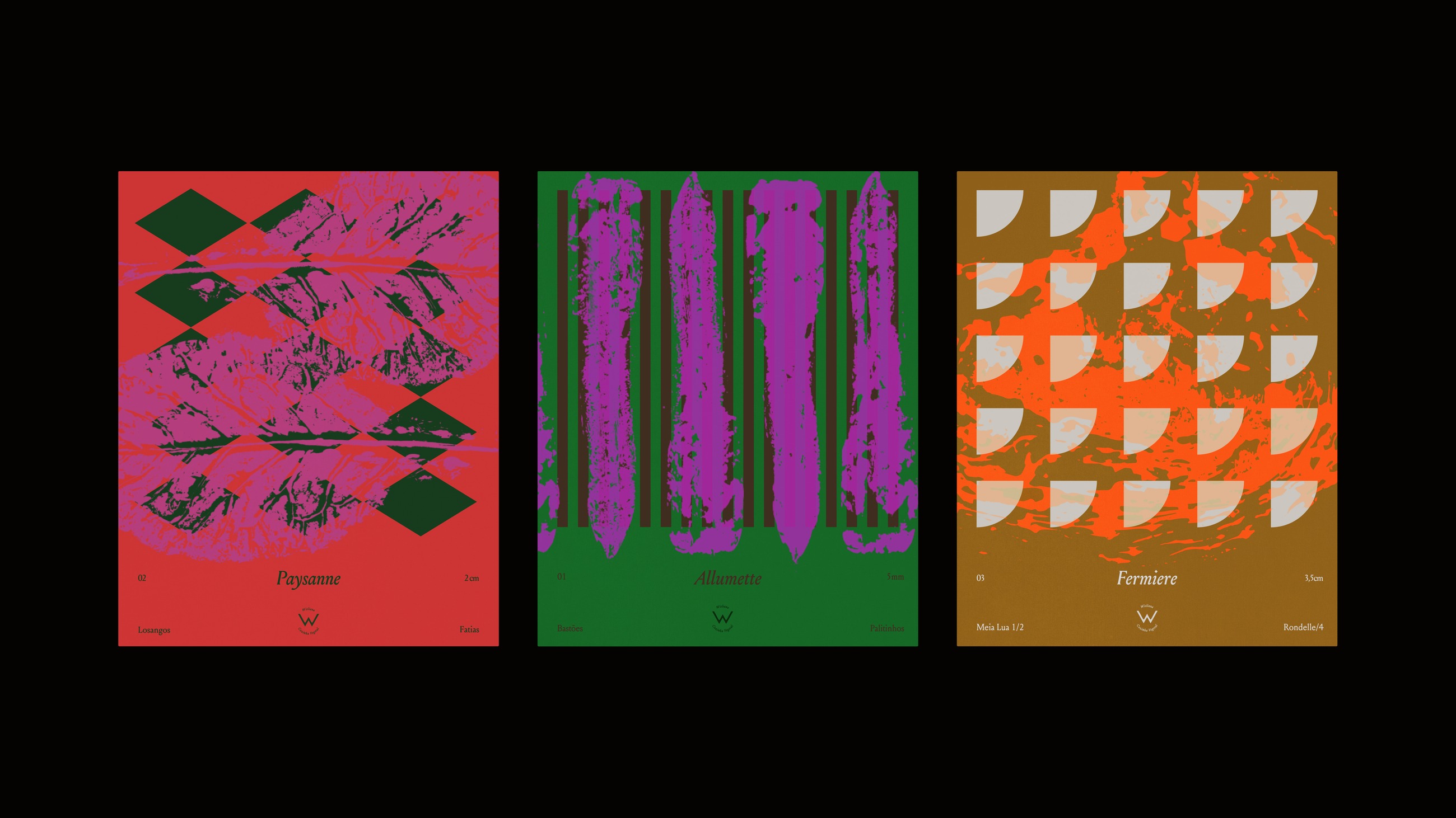 Three posters naming the knife cuts Paysanne, Allumette, and Fermiere, each built from stamped vegetable shapes